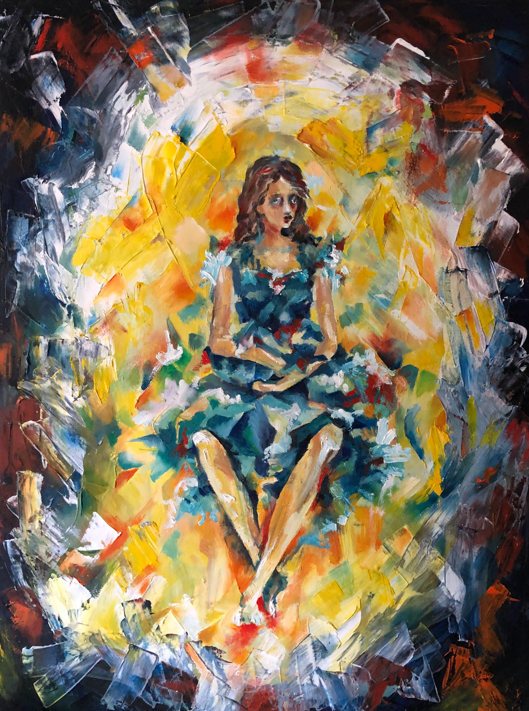 My New Blue Patchwork Dress - Original Oil Painting